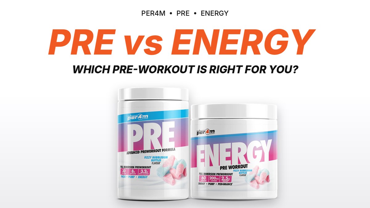 Per4m PRE and Per4m Energy pre-workout tubs side by side in Fizzy Bubblegum Bottles flavour