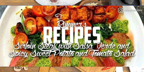 Sirloin Steak with Salsa Verde and Spicy Sweet Potato & Tomato Salad