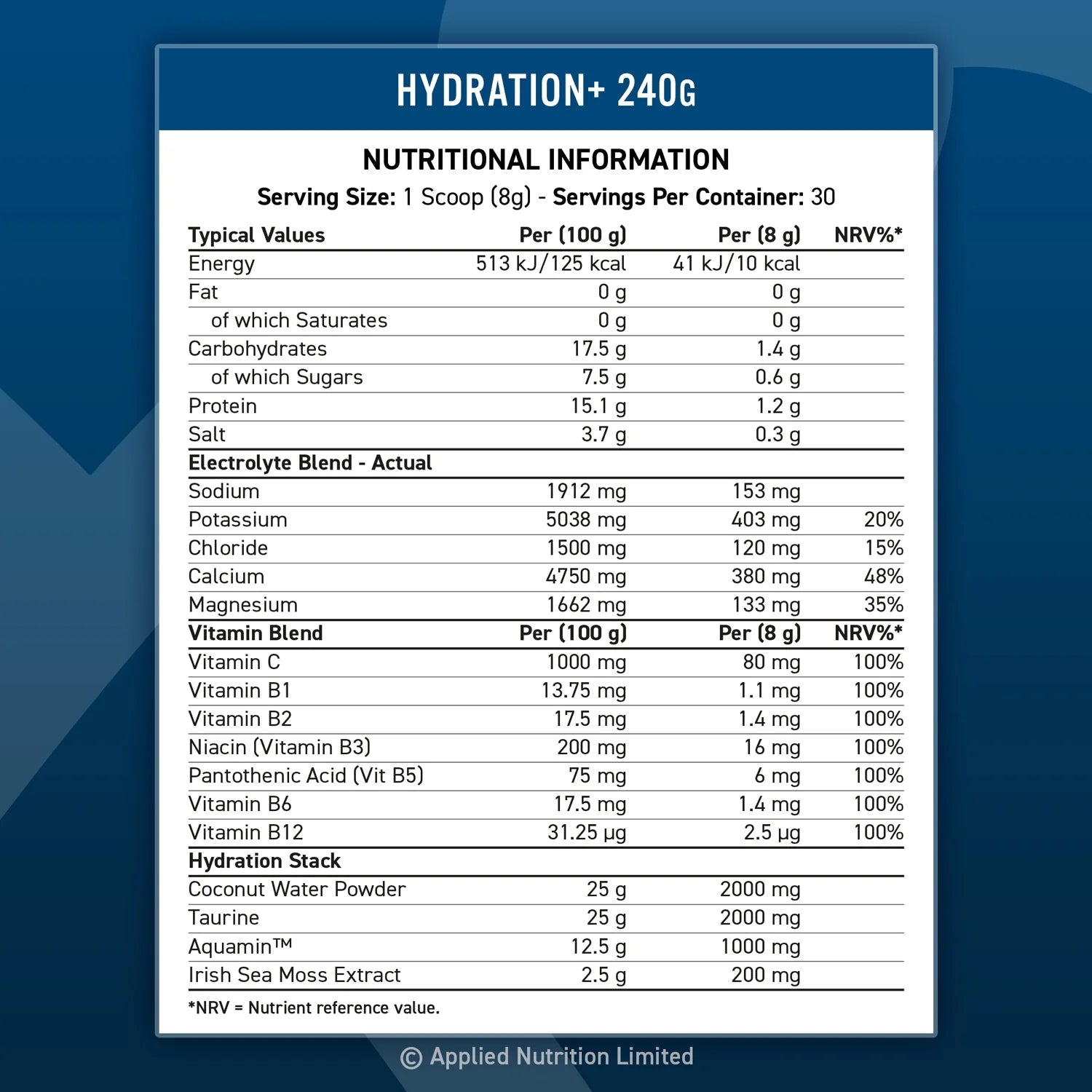 Applied Nutrition Hydration + Complete Electrolyte and Vitamin Powder (240g / 30 Servings)