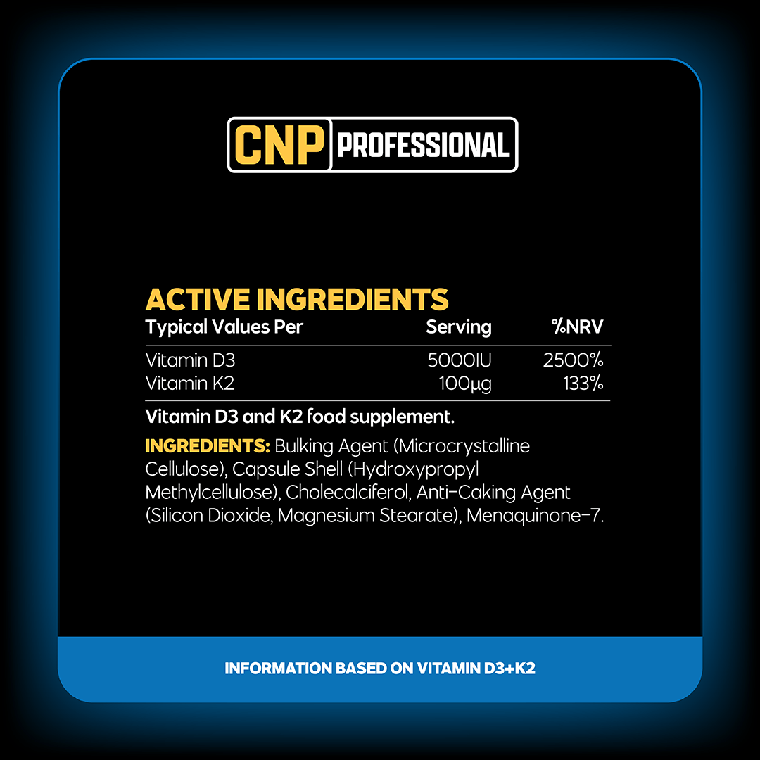 CNP Professional Vitamin D3 plus K2 nutrition and supplement facts panel