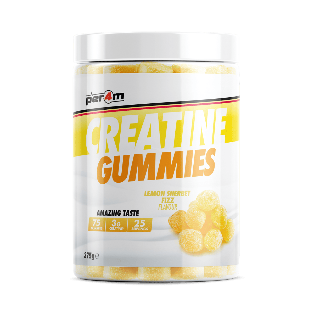 Per4m Creatine Gummies 75 gummies, Lemon Sherbet Fizz flavour, 1g creatine monohydrate per gummy
