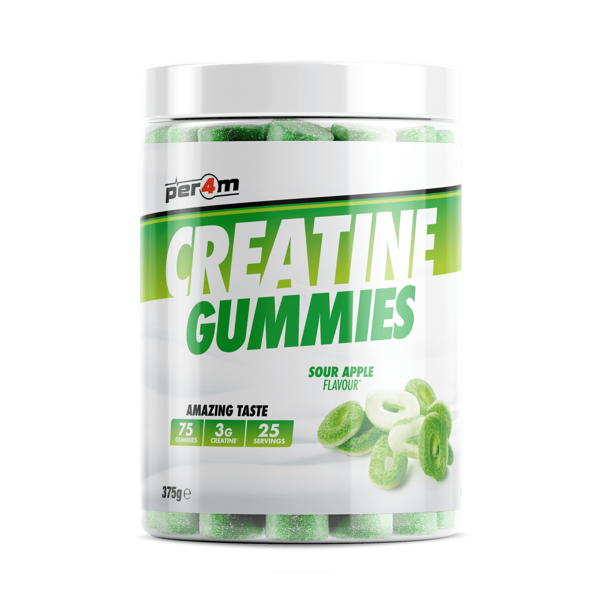 Per4m Creatine Gummies 75 gummies, Sour Apple flavour, 1g creatine monohydrate per gummy