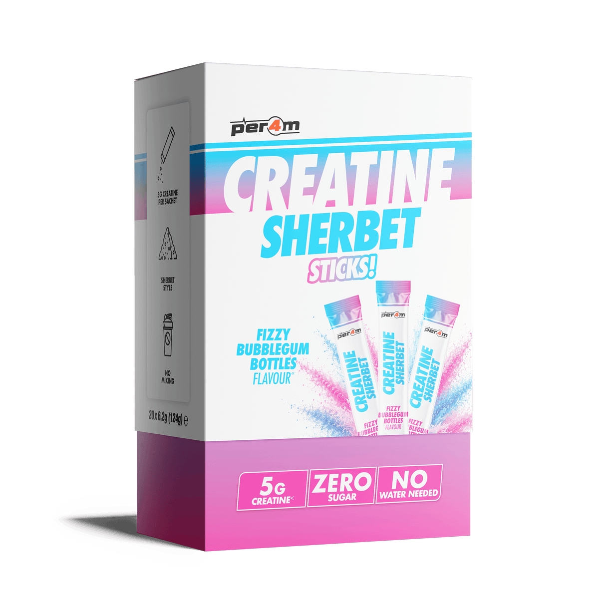 Per4m Creatine Sherbet Sticks 20 x 6.2g box Fizzy Bubblegum Bottles