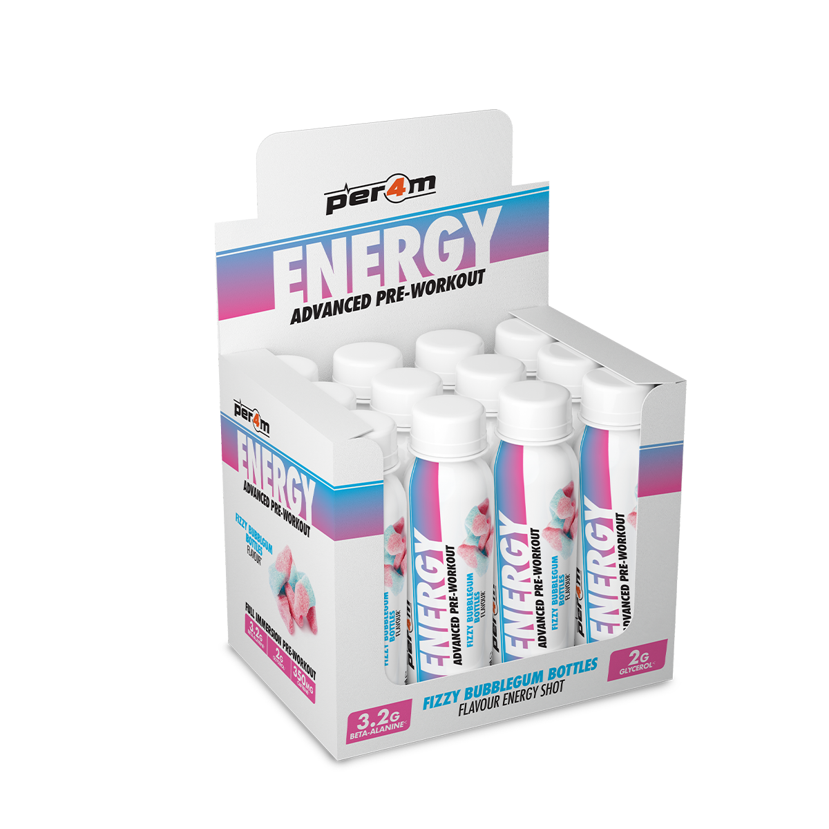 Per4m Energy Pre-Workout Shots 12x100ml Fizzy Bubblegum Bottles