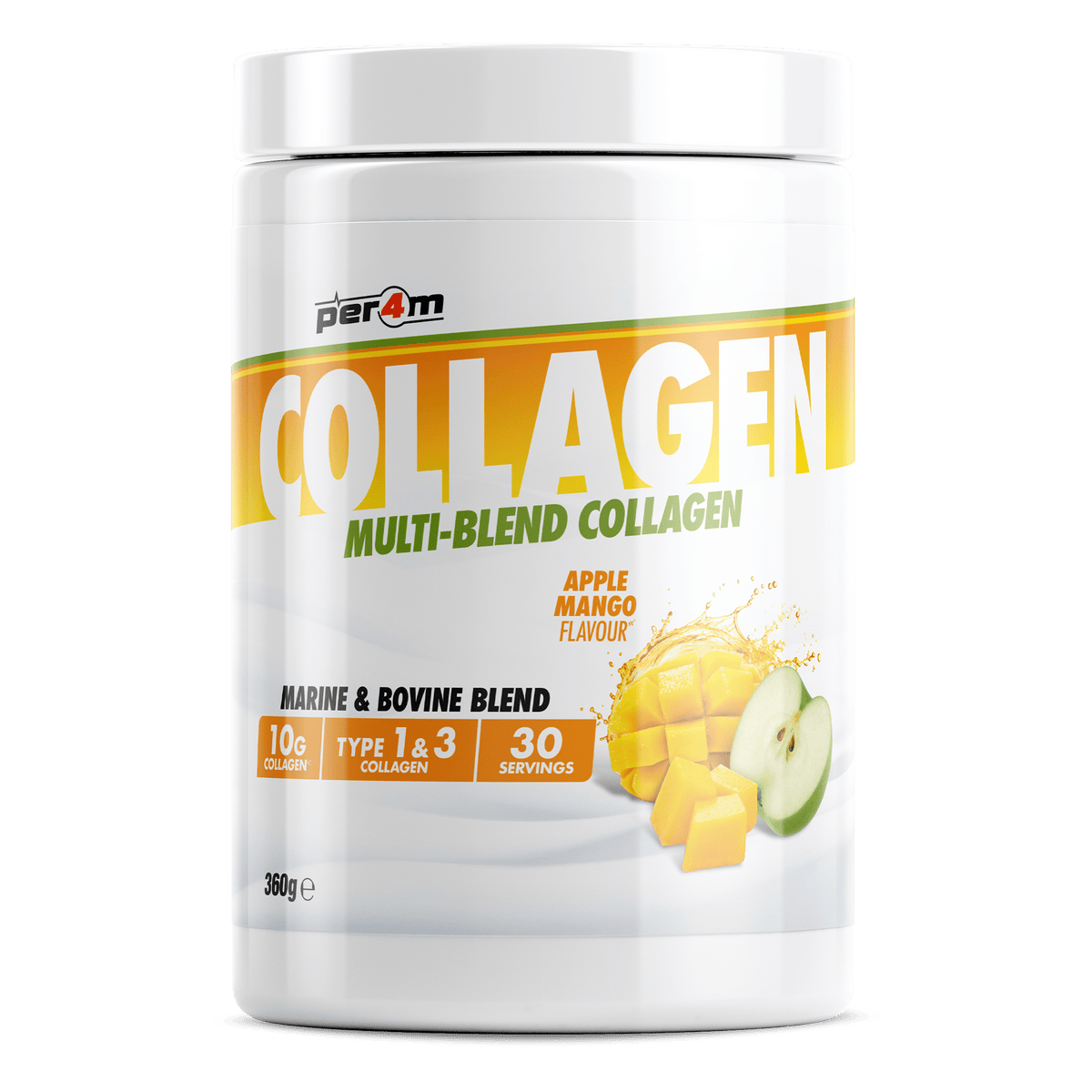 Per4m Multi-Blend Collagen Powder 360g, Apple Mango flavour, marine and bovine collagen with vitamin C