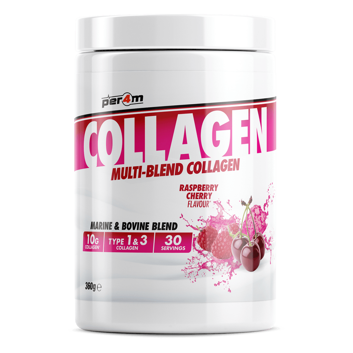 Per4m Multi-Blend Collagen Powder 360g, Raspberry Cherry flavour, marine and bovine collagen with vitamin C