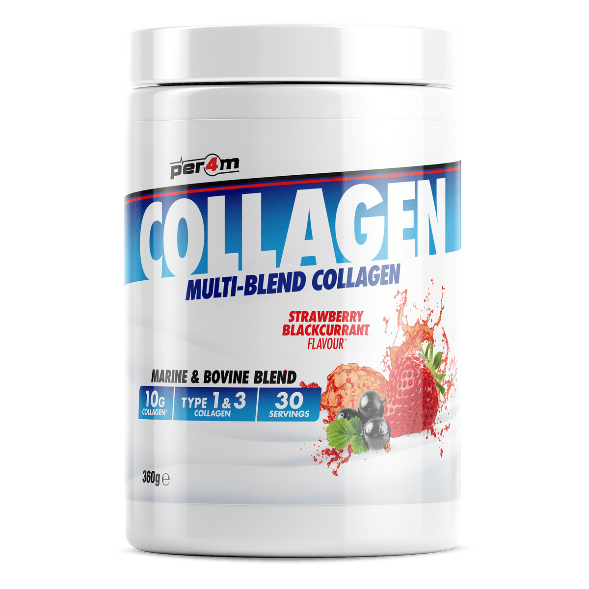 Per4m Multi-Blend Collagen Powder 360g, Strawberry Blackcurrant flavour, marine and bovine collagen with vitamin C