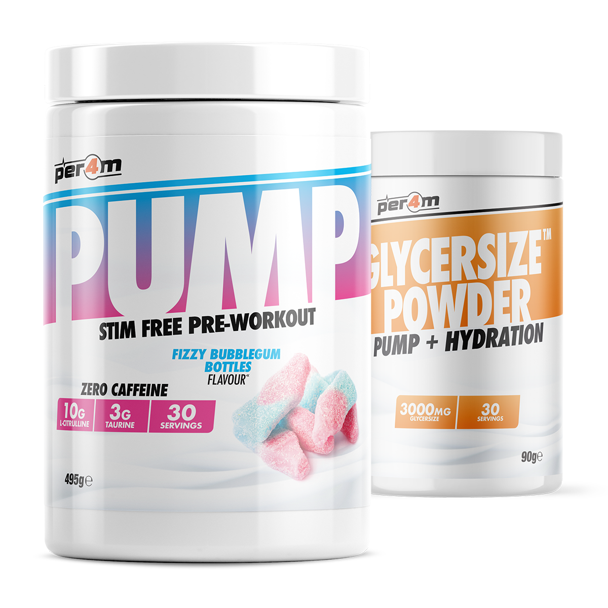 Per4m PUMP Stim Free Pre Workout 495g Fizzy Bubblegum Bottles